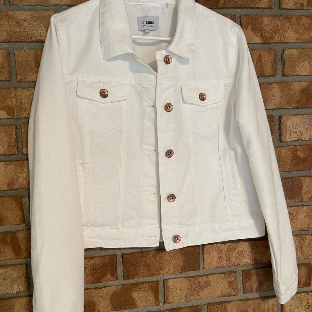White denim jacket copper buttons